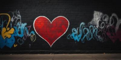 graffiti with a heart shape as a love symbol on black wall. photo