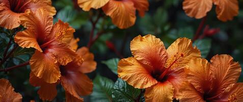 An array of tropical hibiscus in fiery reds and oranges. photo