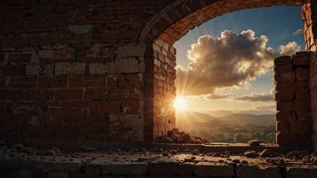 Hole in brick wall with view of bright sun and clouds, abandoned building concept. photo