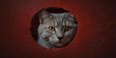 Gray cat peeking from hole on red background with space for concept. photo