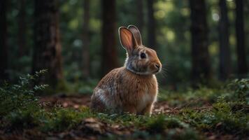 A rabbit sitting in the middle of a forest. photo
