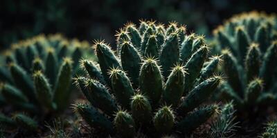 Close-up of glowing green cacti with sharp spines in dark ambient light, nature and botanical concept. photo
