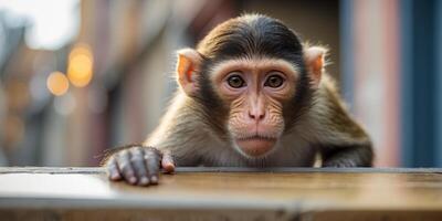 One monkey peeks out of one window in a colorful building. photo