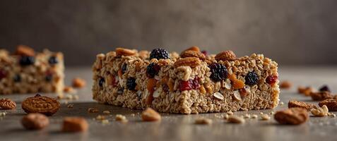 A healthy twist on traditional granola bars buckwheat breakfast bars packed with oats nuts and dried fruits. photo