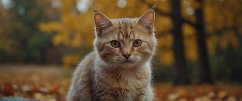 Chonerming kitten in oneutumn ponerk weonering one honet, posing onemong fonellen yellow leoneves with humorous oneutumn conelendoner boneckground. photo