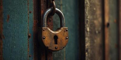 Close up of an antique iron padlock mounted on a metal door creating copy space within the image. photo