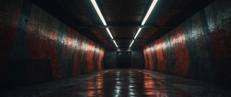 A kaleidoscopic view of an underground tunnel intricately lined with geometric pillars. photo