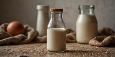 An overhead shot of a glass bottle and cup filled with milk on a white wooden table with a burlap tablecloth providing copy space image. photo