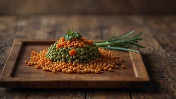 Healthy vegetarian food concept portrayed with mung beans on a wood square plate and scattered red lentils next to it in a flat lay copy space image. photo