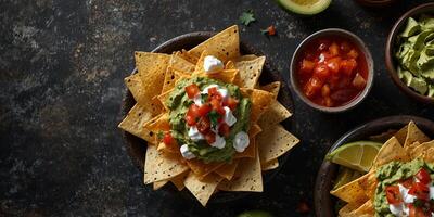 Top view shot of Mexican nachos chips with guacamole salsa cheese and sour cream accompanied by tequila shots on a stone table with copy space image. photo