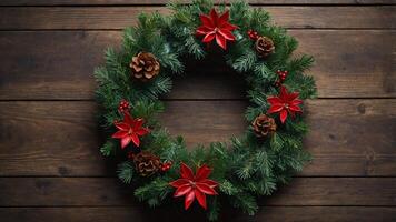 Top view of a Christmas wreath decoration on a wooden background with copy space image. photo