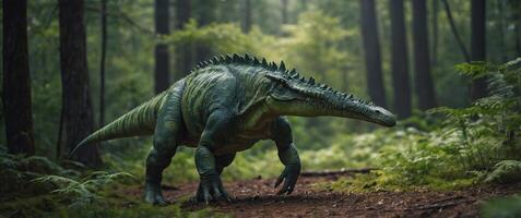A green dinosaur with sharp teeth is walking through a forest. photo