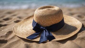 A straw hat with a navy ribbon resting on the sandy beach. photo