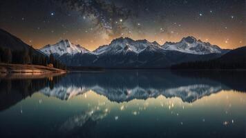 Magnificent Milky Way Reflected in Serene Alpine Lake Beneath Towering Snowy Peaks. photo