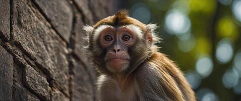 A monkey curiously looks up while clinging to a wall. photo