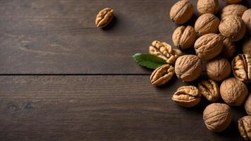 Top view of wood background with fresh walnuts. photo
