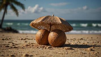 Two coconuts under a straw umbrella on a sandy beach. photo