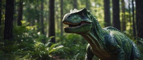 A green dinosaur with sharp teeth is walking through a forest. photo