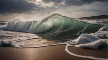 Dramatic, powerful waves crashing on a sandy beach with a stormy sky in the background. photo
