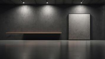 Stark exhibition space with dark concrete walls for displays. photo