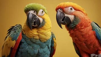Playful Colorful Parrot Character in Glasses on Yellow Background. photo