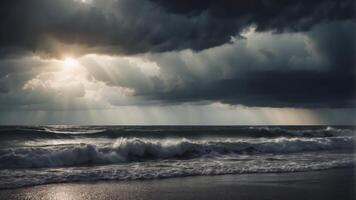 Dramatic storm clouds gather over a calm ocean. photo
