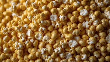 The interior of a corn popper covered in kernels of unpopped corn with a tering of butter and salt. photo