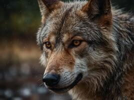 A close-up of a wolf's face, with its fur matted and dripping wet. photo