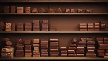 Assorted chocolate bars displayed on wooden shelf in front of full shelf delicious cocoa treats collection for sweet tooths. photo