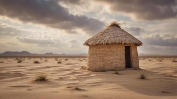 Small, rustic thatched hut in vast, sandy desert under cloudy sky. photo