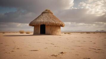 Small, rustic thatched hut in vast, sandy desert under cloudy sky. photo