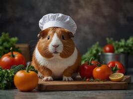 Two guinea pigs in chef hats are standing on a kitchen counter, looking at a cutting board with vegetables on it. photo