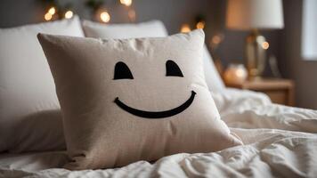 Smiling face pillow on cozy, well-lit bed. photo