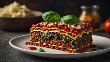 A hearty buckwheat lasagna layered with rich tomato sauce spinach and ground beef. photo