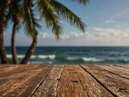 Top of a wooden table with a seascape and palm leaves in the background. photo