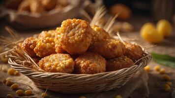 Crispy corn fritters in basket, garnished with wheat stalks and kernels. photo