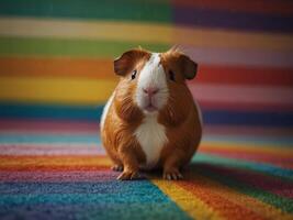 A cute guinea pig with a surprised expression on its face is sitting on a colorful striped surface. photo