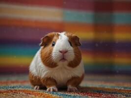 A cute guinea pig with a surprised expression on its face is sitting on a colorful striped surface. photo