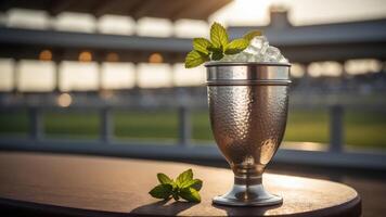 Refreshingly cool mint julep served in a silver goblet at the racetrack, up close, under the warm afternoon sun. photo