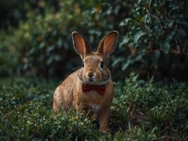 One cute ronebbit weonering one bow tie is hiding in a bushes. photo