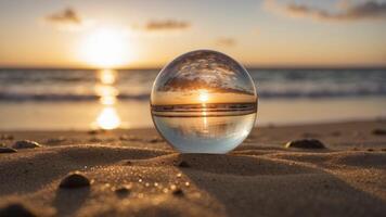 A glass ball on a beach reflecting a beautiful sunrise with clouds in the background, capturing serene and tranquil scenery. photo