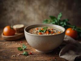 A creamy buckwheat and vegetable soup rich in protein and fiber perfect for a warm and filling vegan meal. photo