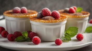 Three creme brulee servings, topped with raspberries, mint, and chocolate, in white ceramic ramekins. photo