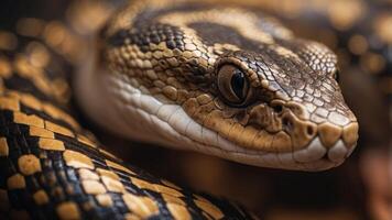 A closeup of the head as well as body of an exotic snake, its scales shimmering under warm light. photo