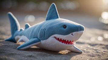 Blue and white shark plush toy with happy expression. photo