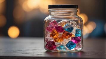 Colorful, sparkling crystals in a clear glass jar with vibrant background. photo