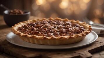 Pecan pie with flaky crust on rustic wooden table. photo