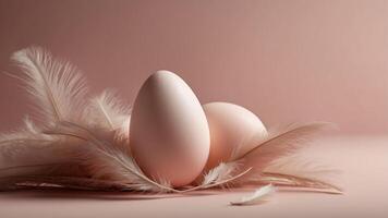 A dynamic composition of a white and brown egg surrounded by soft, floating feathers on a pink background, symbolizing fragility and contrast in a minimalistic style. photo