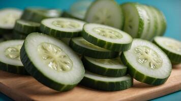 Cucumber slices on a turquoise background. photo