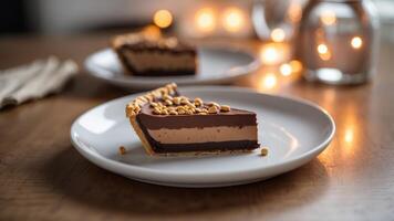 Slice of chocolate peanut butter pie on white plate. photo